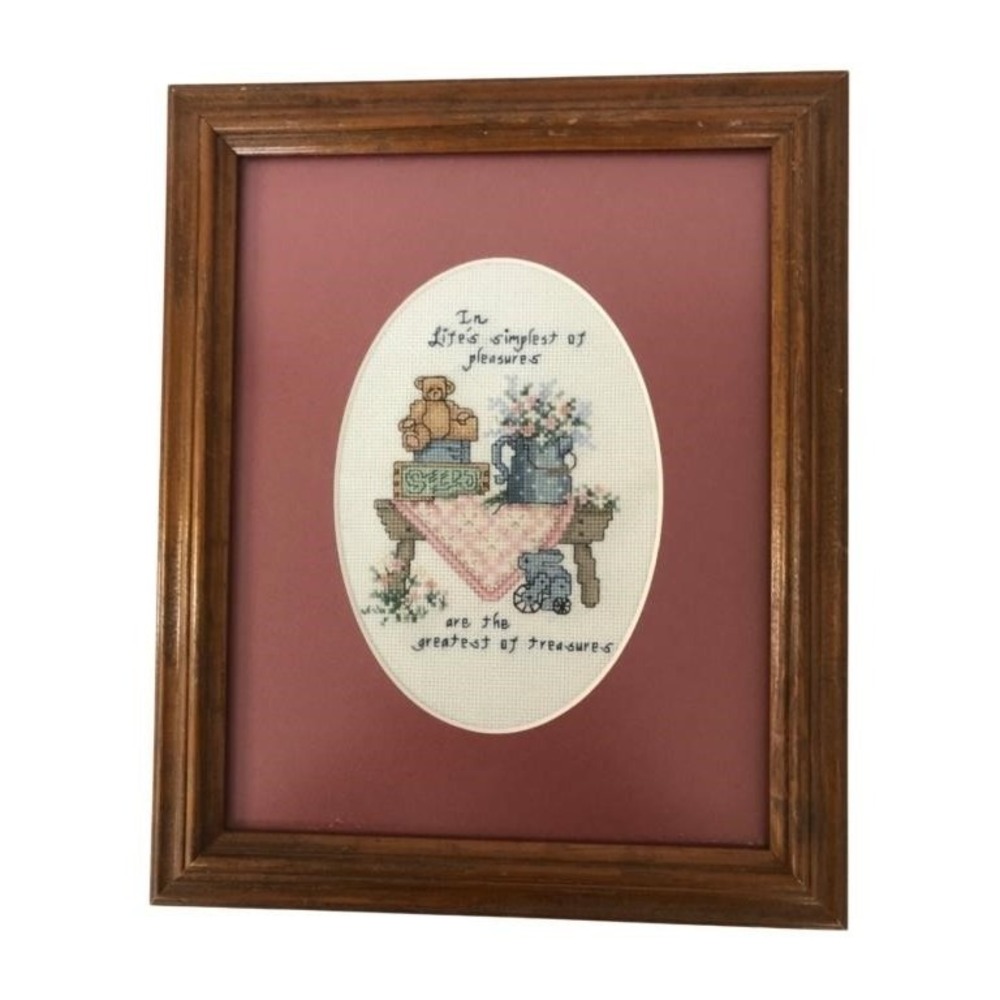 Vintage Framed Cross Stitch Sampler Teddy Bear Garden Quote Wood Frame Wall Art